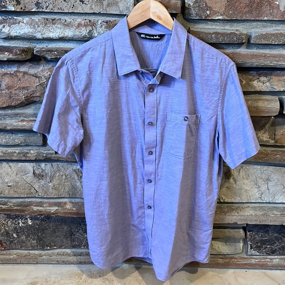 Travis Mathew Purple Slubbed Cotton Short Sleeve Button Down Shirt